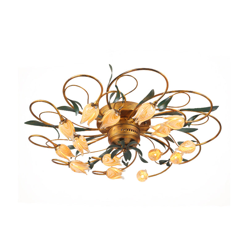 8/15 Heads Ceiling Mounted Fixture American Garden Bedroom LED Semi Flush Light with Tulip Frosted Glass in Brass Clearhalo 'Ceiling Lights' 'Close To Ceiling Lights' 'Close to ceiling' 'Semi-flushmount' Lighting' 401412