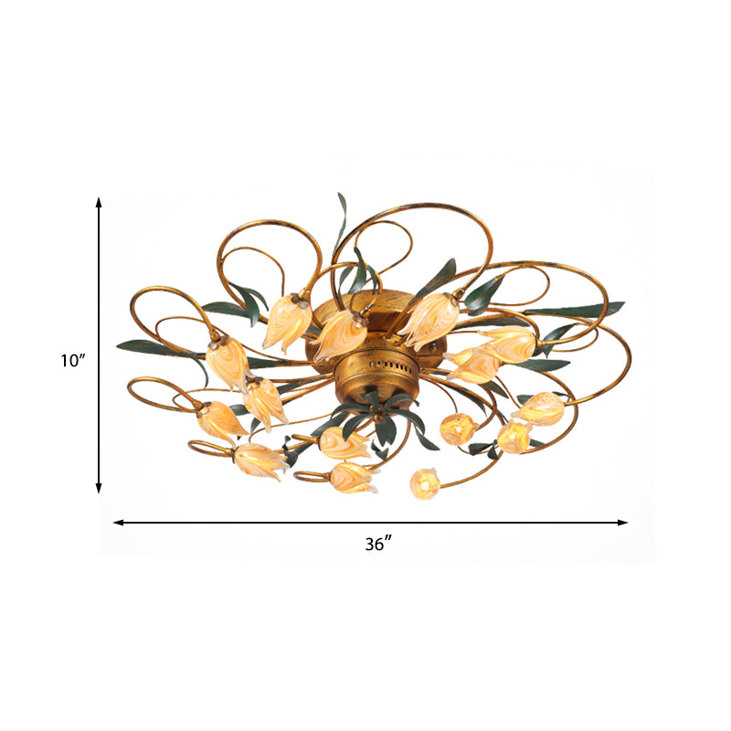 8/15 Heads Ceiling Mounted Fixture American Garden Bedroom LED Semi Flush Light with Tulip Frosted Glass in Brass Clearhalo 'Ceiling Lights' 'Close To Ceiling Lights' 'Close to ceiling' 'Semi-flushmount' Lighting' 401413