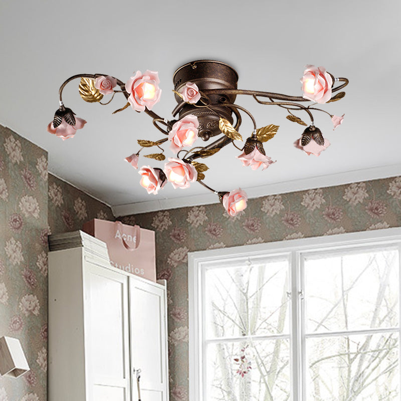 Rose Living Room Ceiling Light Countryside Metal 9/12/20 Heads Dark Brown LED Semi Mount Lighting 9 Dark Brown Clearhalo 'Ceiling Lights' 'Close To Ceiling Lights' 'Close to ceiling' 'Semi-flushmount' Lighting' 401424