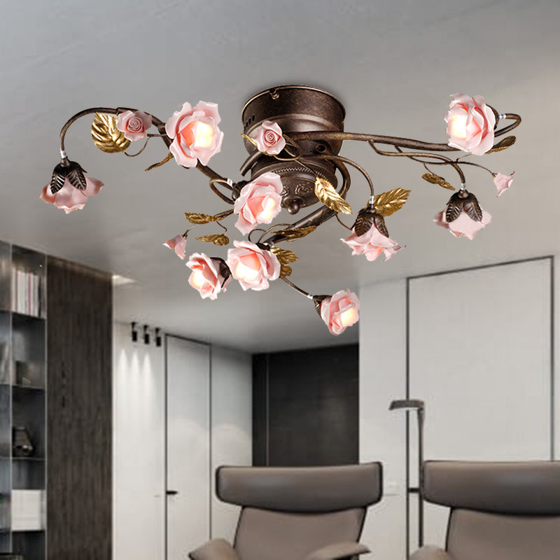 Rose Living Room Ceiling Light Countryside Metal 9/12/20 Heads Dark Brown LED Semi Mount Lighting Clearhalo 'Ceiling Lights' 'Close To Ceiling Lights' 'Close to ceiling' 'Semi-flushmount' Lighting' 401425