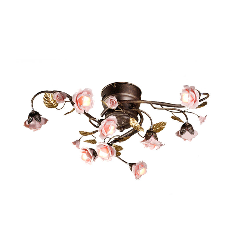Rose Living Room Ceiling Light Countryside Metal 9/12/20 Heads Dark Brown LED Semi Mount Lighting Clearhalo 'Ceiling Lights' 'Close To Ceiling Lights' 'Close to ceiling' 'Semi-flushmount' Lighting' 401426