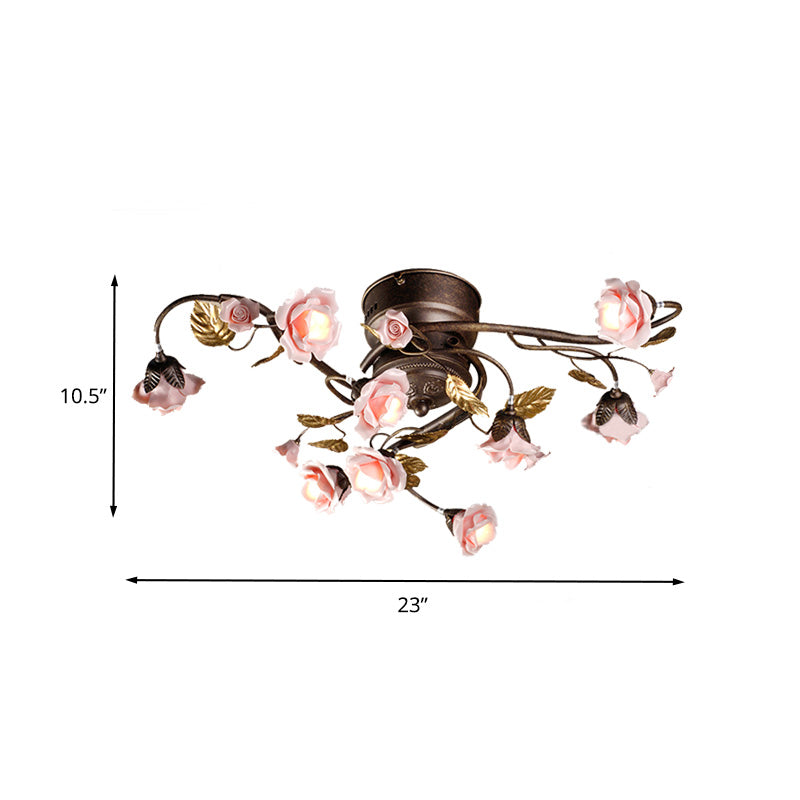 Rose Living Room Ceiling Light Countryside Metal 9/12/20 Heads Dark Brown LED Semi Mount Lighting Clearhalo 'Ceiling Lights' 'Close To Ceiling Lights' 'Close to ceiling' 'Semi-flushmount' Lighting' 401428