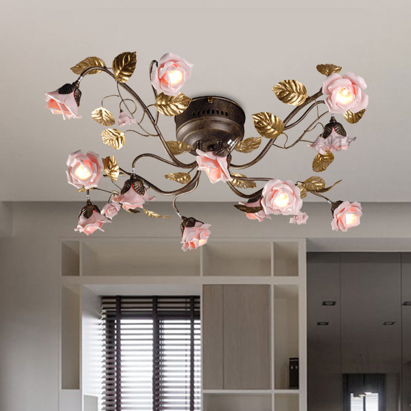 Rose Living Room Ceiling Light Countryside Metal 9/12/20 Heads Dark Brown LED Semi Mount Lighting 12 Dark Brown Clearhalo 'Ceiling Lights' 'Close To Ceiling Lights' 'Close to ceiling' 'Semi-flushmount' Lighting' 401429
