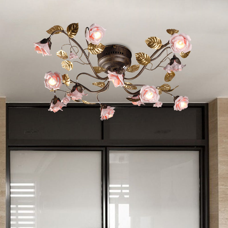 Rose Living Room Ceiling Light Countryside Metal 9/12/20 Heads Dark Brown LED Semi Mount Lighting Clearhalo 'Ceiling Lights' 'Close To Ceiling Lights' 'Close to ceiling' 'Semi-flushmount' Lighting' 401430