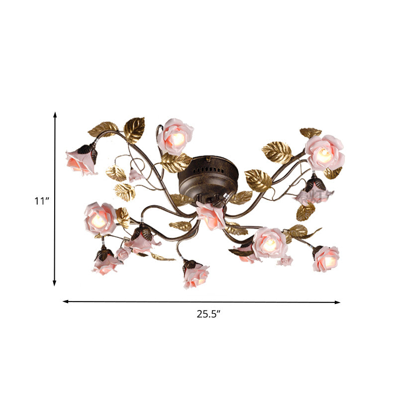 Rose Living Room Ceiling Light Countryside Metal 9/12/20 Heads Dark Brown LED Semi Mount Lighting Clearhalo 'Ceiling Lights' 'Close To Ceiling Lights' 'Close to ceiling' 'Semi-flushmount' Lighting' 401432