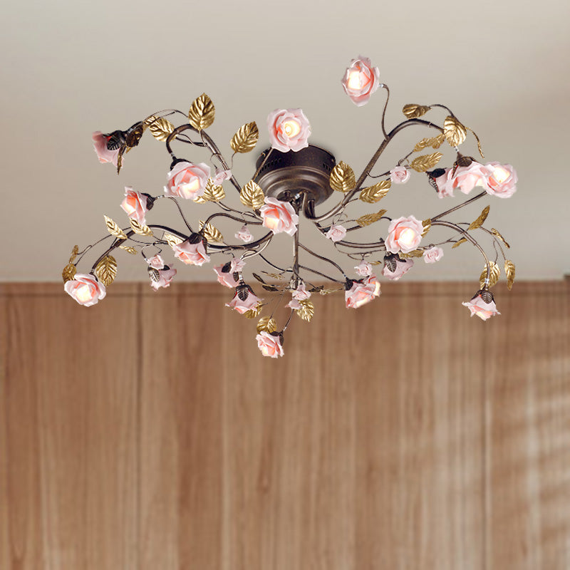Rose Living Room Ceiling Light Countryside Metal 9/12/20 Heads Dark Brown LED Semi Mount Lighting 20 Dark Brown Clearhalo 'Ceiling Lights' 'Close To Ceiling Lights' 'Close to ceiling' 'Semi-flushmount' Lighting' 401433