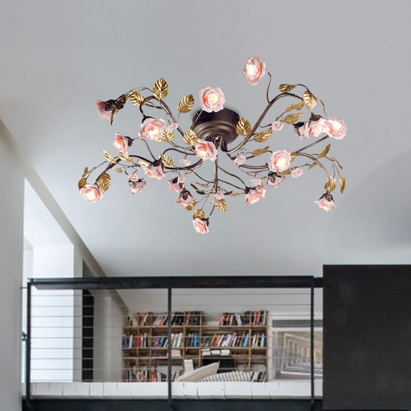 Rose Living Room Ceiling Light Countryside Metal 9/12/20 Heads Dark Brown LED Semi Mount Lighting Clearhalo 'Ceiling Lights' 'Close To Ceiling Lights' 'Close to ceiling' 'Semi-flushmount' Lighting' 401434