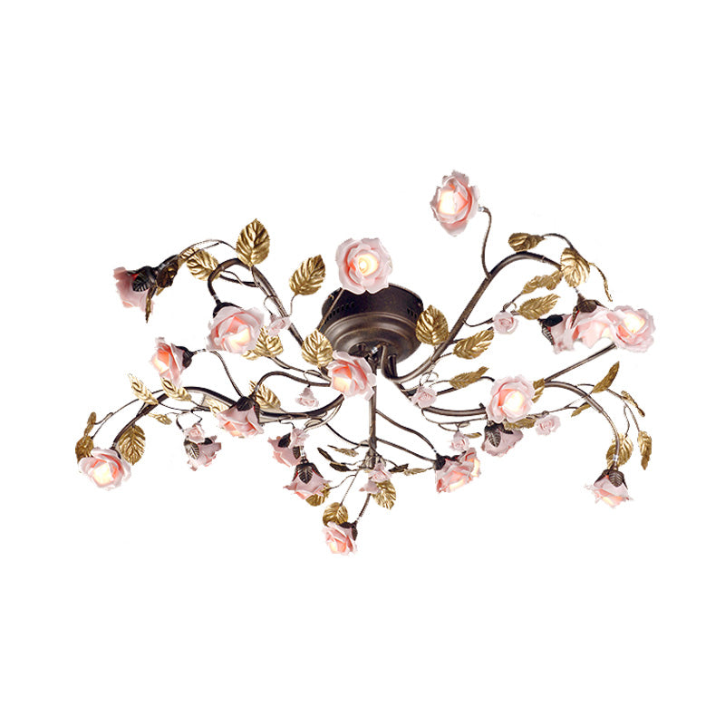 Rose Living Room Ceiling Light Countryside Metal 9/12/20 Heads Dark Brown LED Semi Mount Lighting Clearhalo 'Ceiling Lights' 'Close To Ceiling Lights' 'Close to ceiling' 'Semi-flushmount' Lighting' 401435