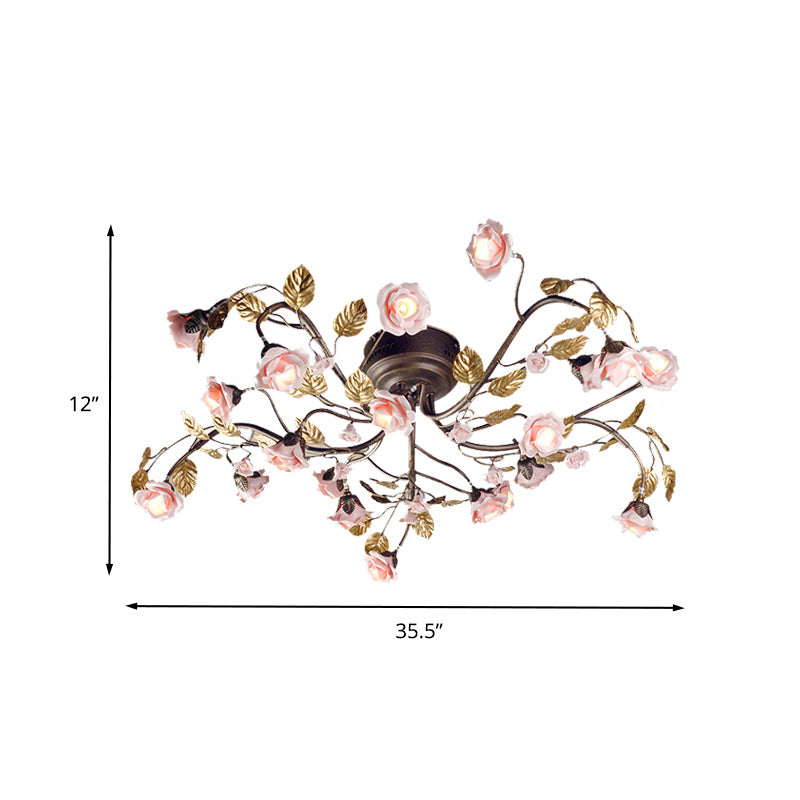 Rose Living Room Ceiling Light Countryside Metal 9/12/20 Heads Dark Brown LED Semi Mount Lighting Clearhalo 'Ceiling Lights' 'Close To Ceiling Lights' 'Close to ceiling' 'Semi-flushmount' Lighting' 401436
