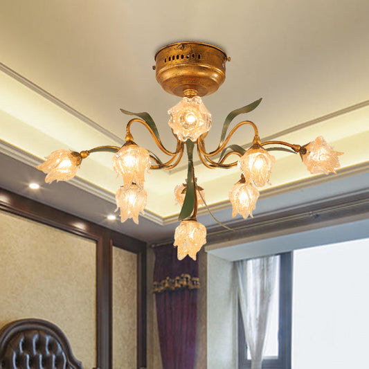 9-Head Close to Ceiling Lamp Romantic Pastoral Living Room LED Semi Flush Mount Lighting with Flower Frosted Glass in Brass Clearhalo 'Ceiling Lights' 'Close To Ceiling Lights' 'Close to ceiling' 'Semi-flushmount' Lighting' 401448