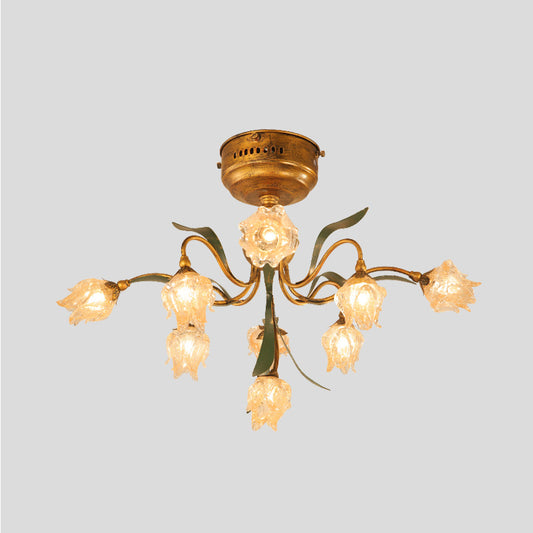 9-Head Close to Ceiling Lamp Romantic Pastoral Living Room LED Semi Flush Mount Lighting with Flower Frosted Glass in Brass Clearhalo 'Ceiling Lights' 'Close To Ceiling Lights' 'Close to ceiling' 'Semi-flushmount' Lighting' 401450