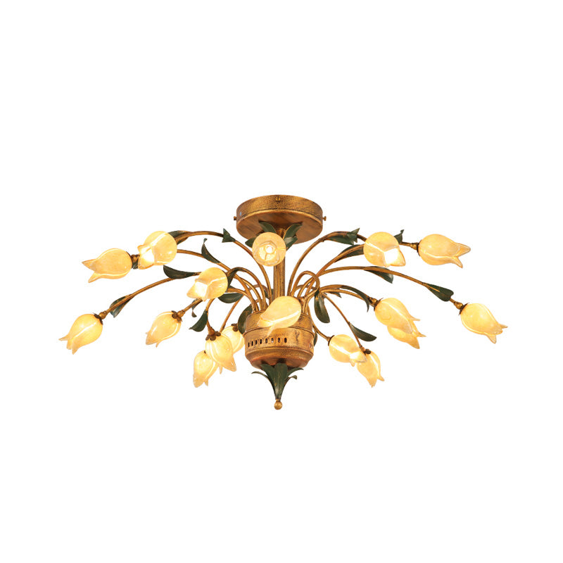 Tulip Living Room Ceiling Lamp Pastoral Style Metal 18 Bulbs Brass LED Semi Flush Mount Lighting Clearhalo 'Ceiling Lights' 'Close To Ceiling Lights' 'Close to ceiling' 'Semi-flushmount' Lighting' 401454