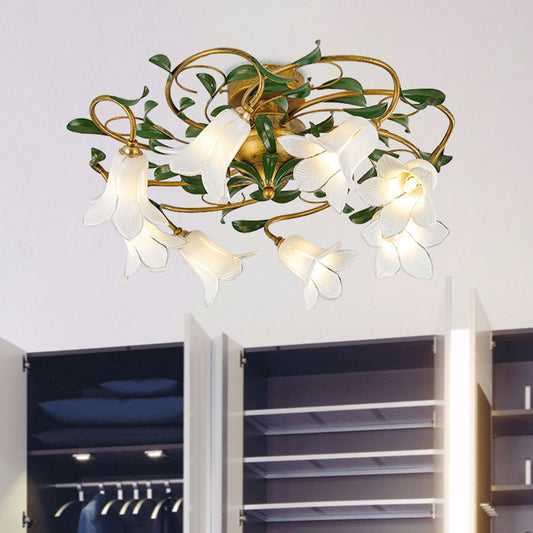 Lily/Tulip Metal Ceiling Fixture Countryside 6/8 Bulbs Bedroom LED Semi Flush Mount Lighting in Brass 8 Brass A Clearhalo 'Ceiling Lights' 'Close To Ceiling Lights' 'Close to ceiling' 'Semi-flushmount' Lighting' 401466