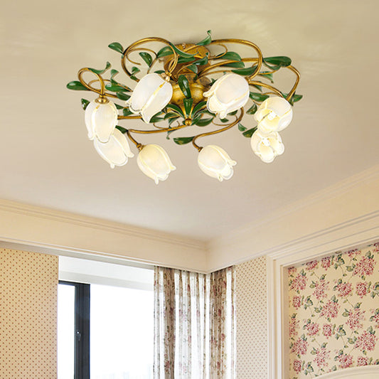 Lily/Tulip Metal Ceiling Fixture Countryside 6/8 Bulbs Bedroom LED Semi Flush Mount Lighting in Brass Clearhalo 'Ceiling Lights' 'Close To Ceiling Lights' 'Close to ceiling' 'Semi-flushmount' Lighting' 401471