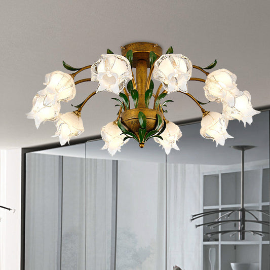 Countryside Flower Ceiling Light Fixture 6/8/10 Bulbs Metal LED Semi Flush Mount Lighting in Brass for Bedroom 10 Brass Clearhalo 'Ceiling Lights' 'Close To Ceiling Lights' 'Close to ceiling' 'Semi-flushmount' Lighting' 401483