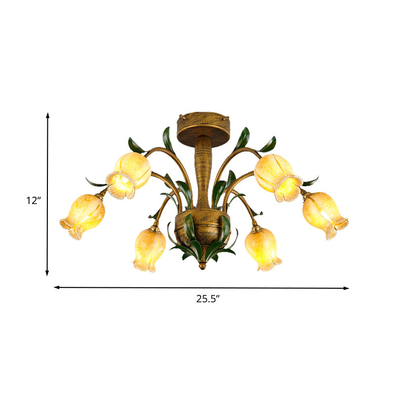 Brass 6/8/10 Bulbs Semi Flush American Garden Metal Tulip LED Close to Ceiling Lighting Fixture for Living Room Clearhalo 'Ceiling Lights' 'Close To Ceiling Lights' 'Close to ceiling' 'Semi-flushmount' Lighting' 401491