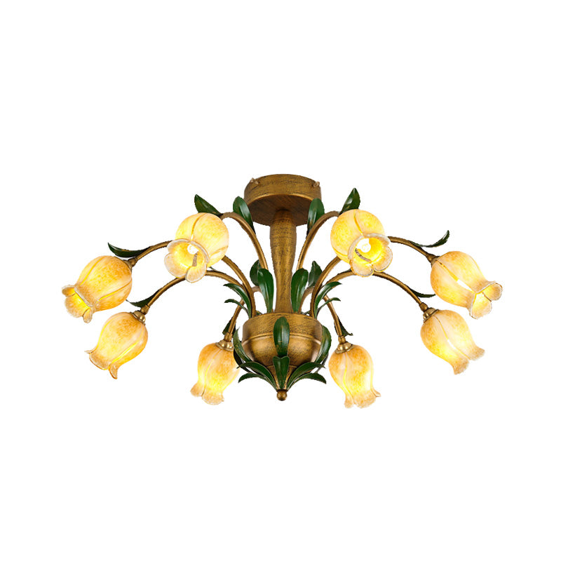 Brass 6/8/10 Bulbs Semi Flush American Garden Metal Tulip LED Close to Ceiling Lighting Fixture for Living Room Clearhalo 'Ceiling Lights' 'Close To Ceiling Lights' 'Close to ceiling' 'Semi-flushmount' Lighting' 401494