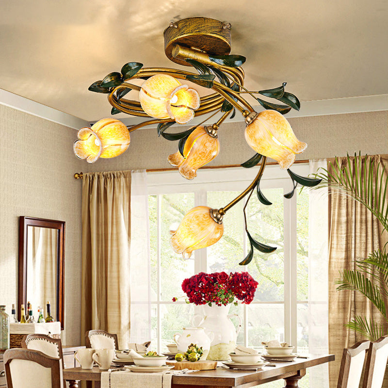 Tulip Dining Room Semi Flush Pastoral Style Metal 5 Bulbs Brass LED Close to Ceiling Lamp Brass Clearhalo 'Ceiling Lights' 'Close To Ceiling Lights' 'Close to ceiling' 'Semi-flushmount' Lighting' 401500