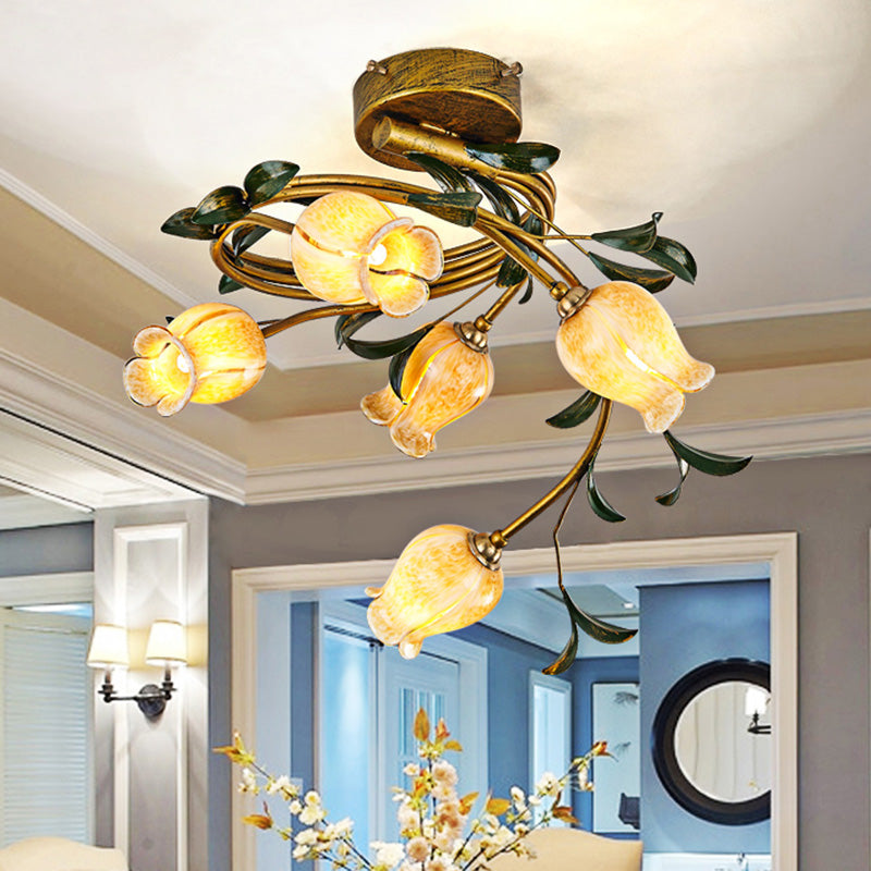 Tulip Dining Room Semi Flush Pastoral Style Metal 5 Bulbs Brass LED Close to Ceiling Lamp Clearhalo 'Ceiling Lights' 'Close To Ceiling Lights' 'Close to ceiling' 'Semi-flushmount' Lighting' 401501