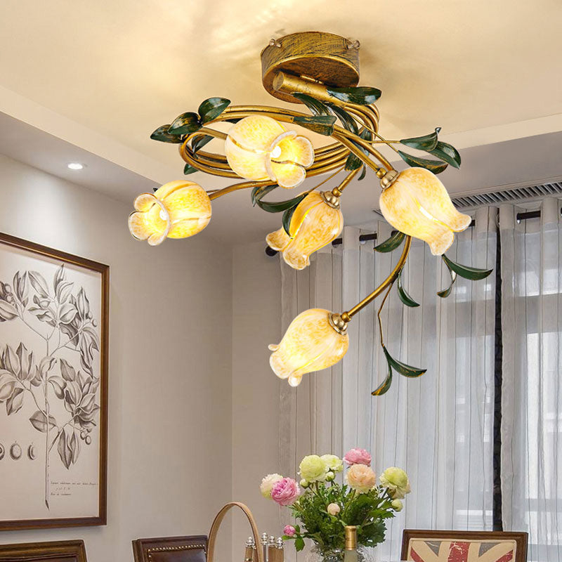 Tulip Dining Room Semi Flush Pastoral Style Metal 5 Bulbs Brass LED Close to Ceiling Lamp Clearhalo 'Ceiling Lights' 'Close To Ceiling Lights' 'Close to ceiling' 'Semi-flushmount' Lighting' 401502