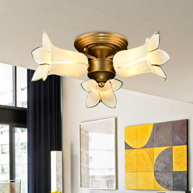 Metal Brass Ceiling Light Fixture Lily/Tulip 3 Heads Romantic Pastoral LED Semi Mount Lighting for Living Room Brass A Clearhalo 'Ceiling Lights' 'Close To Ceiling Lights' 'Close to ceiling' 'Semi-flushmount' Lighting' 401505