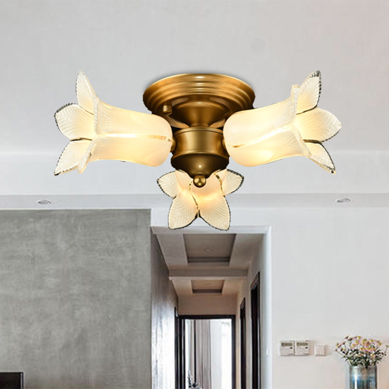 Metal Brass Ceiling Light Fixture Lily/Tulip 3 Heads Romantic Pastoral LED Semi Mount Lighting for Living Room Clearhalo 'Ceiling Lights' 'Close To Ceiling Lights' 'Close to ceiling' 'Semi-flushmount' Lighting' 401506
