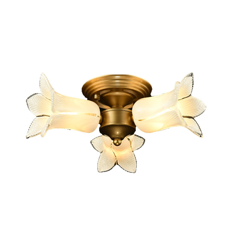 Metal Brass Ceiling Light Fixture Lily/Tulip 3 Heads Romantic Pastoral LED Semi Mount Lighting for Living Room Clearhalo 'Ceiling Lights' 'Close To Ceiling Lights' 'Close to ceiling' 'Semi-flushmount' Lighting' 401507