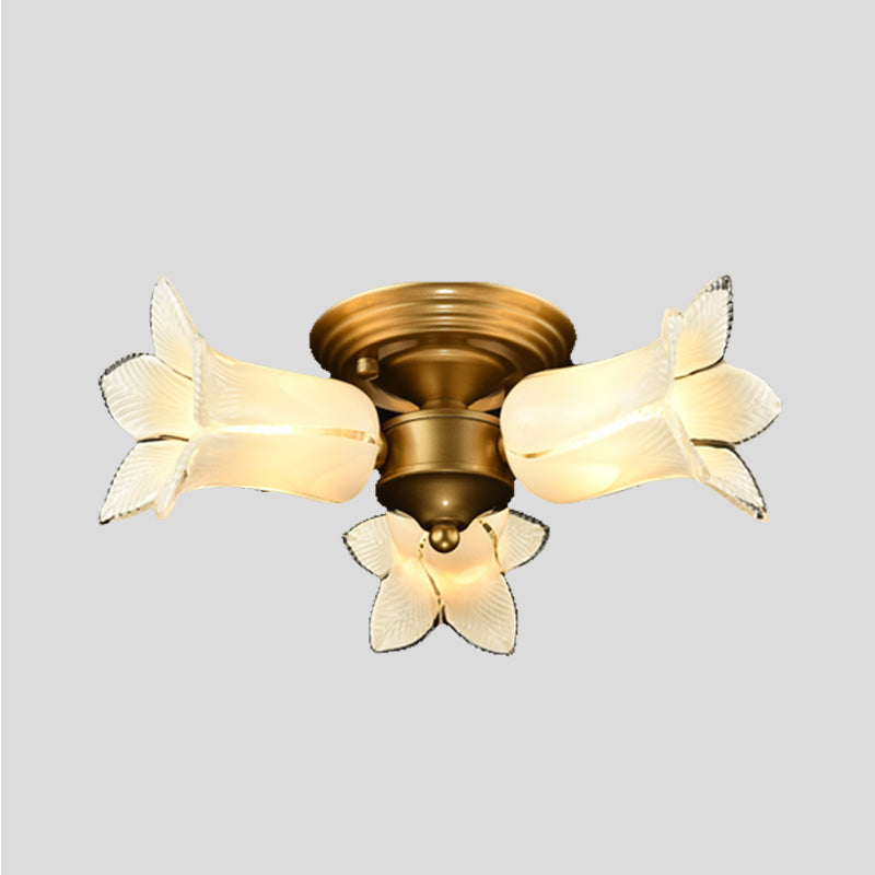 Metal Brass Ceiling Light Fixture Lily/Tulip 3 Heads Romantic Pastoral LED Semi Mount Lighting for Living Room Clearhalo 'Ceiling Lights' 'Close To Ceiling Lights' 'Close to ceiling' 'Semi-flushmount' Lighting' 401508