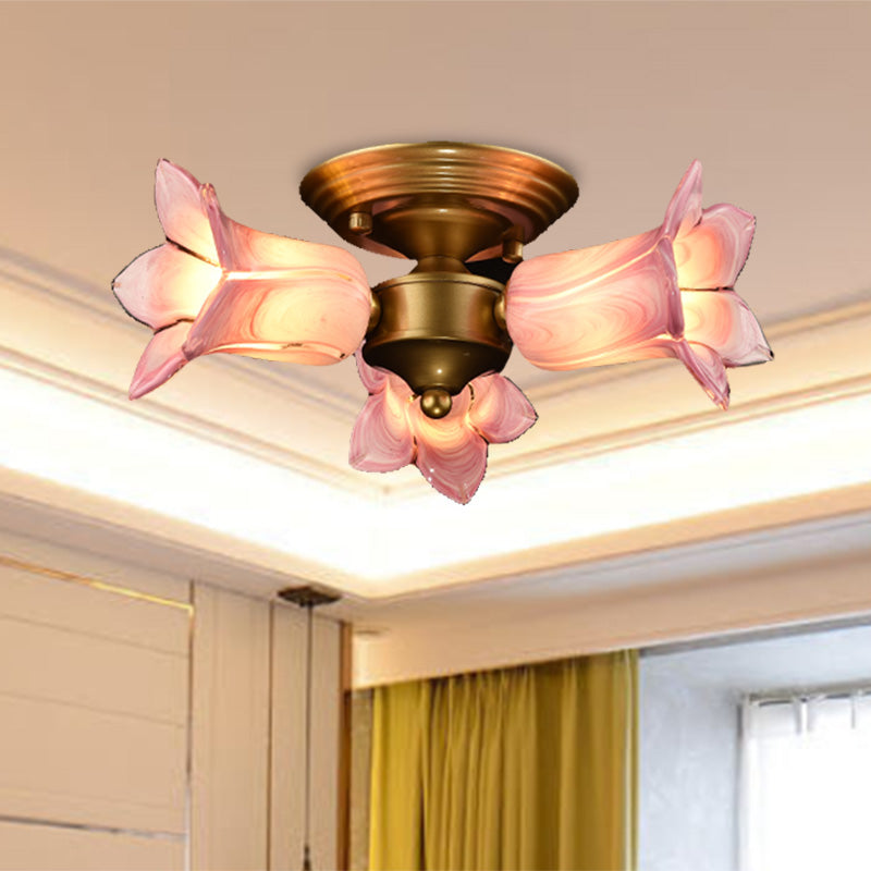 Metal Brass Ceiling Light Fixture Lily/Tulip 3 Heads Romantic Pastoral LED Semi Mount Lighting for Living Room Brass B Clearhalo 'Ceiling Lights' 'Close To Ceiling Lights' 'Close to ceiling' 'Semi-flushmount' Lighting' 401510