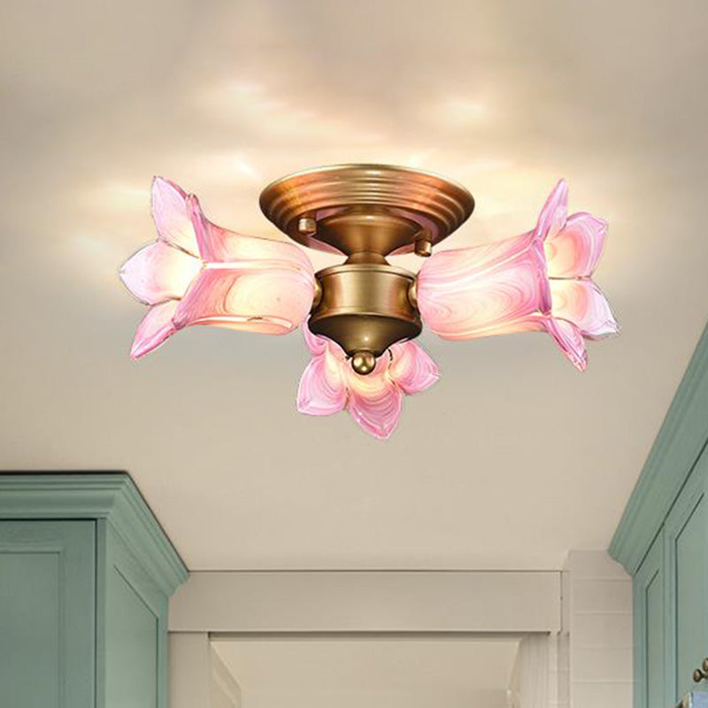 Metal Brass Ceiling Light Fixture Lily/Tulip 3 Heads Romantic Pastoral LED Semi Mount Lighting for Living Room Clearhalo 'Ceiling Lights' 'Close To Ceiling Lights' 'Close to ceiling' 'Semi-flushmount' Lighting' 401511