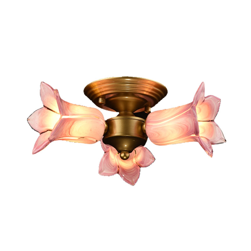 Metal Brass Ceiling Light Fixture Lily/Tulip 3 Heads Romantic Pastoral LED Semi Mount Lighting for Living Room Clearhalo 'Ceiling Lights' 'Close To Ceiling Lights' 'Close to ceiling' 'Semi-flushmount' Lighting' 401512