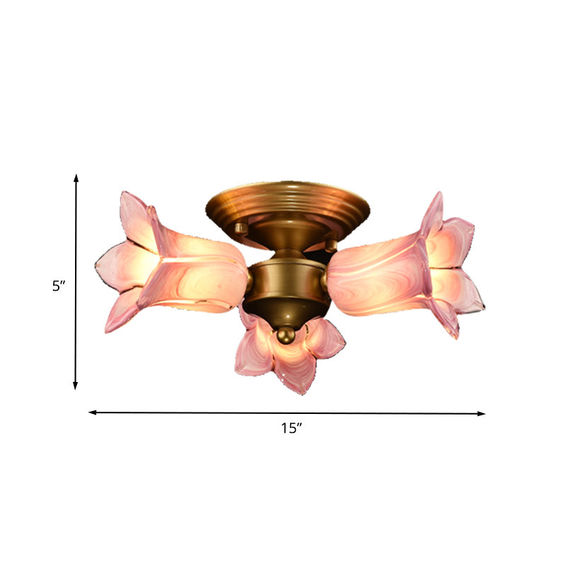Metal Brass Ceiling Light Fixture Lily/Tulip 3 Heads Romantic Pastoral LED Semi Mount Lighting for Living Room Clearhalo 'Ceiling Lights' 'Close To Ceiling Lights' 'Close to ceiling' 'Semi-flushmount' Lighting' 401513