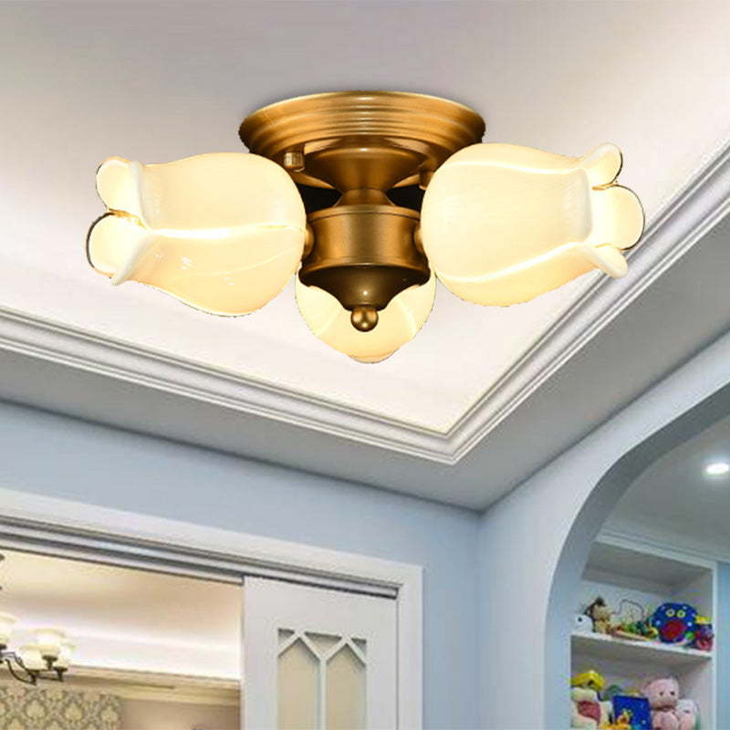 Metal Brass Ceiling Light Fixture Lily/Tulip 3 Heads Romantic Pastoral LED Semi Mount Lighting for Living Room Brass C Clearhalo 'Ceiling Lights' 'Close To Ceiling Lights' 'Close to ceiling' 'Semi-flushmount' Lighting' 401514
