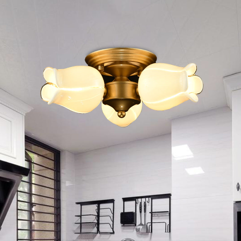 Metal Brass Ceiling Light Fixture Lily/Tulip 3 Heads Romantic Pastoral LED Semi Mount Lighting for Living Room Clearhalo 'Ceiling Lights' 'Close To Ceiling Lights' 'Close to ceiling' 'Semi-flushmount' Lighting' 401515