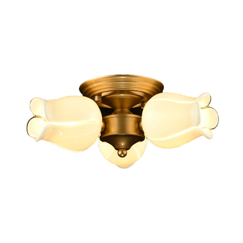 Metal Brass Ceiling Light Fixture Lily/Tulip 3 Heads Romantic Pastoral LED Semi Mount Lighting for Living Room Clearhalo 'Ceiling Lights' 'Close To Ceiling Lights' 'Close to ceiling' 'Semi-flushmount' Lighting' 401516