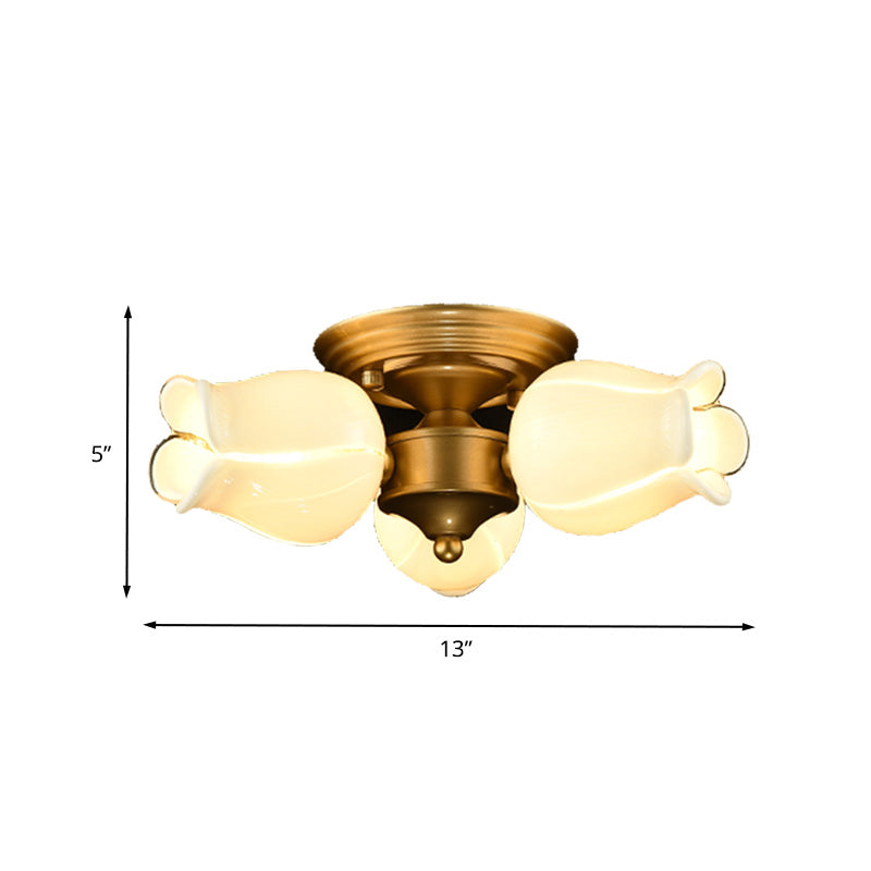 Metal Brass Ceiling Light Fixture Lily/Tulip 3 Heads Romantic Pastoral LED Semi Mount Lighting for Living Room Clearhalo 'Ceiling Lights' 'Close To Ceiling Lights' 'Close to ceiling' 'Semi-flushmount' Lighting' 401517