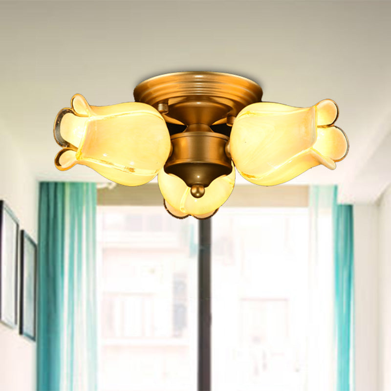 Metal Brass Ceiling Light Fixture Lily/Tulip 3 Heads Romantic Pastoral LED Semi Mount Lighting for Living Room Brass D Clearhalo 'Ceiling Lights' 'Close To Ceiling Lights' 'Close to ceiling' 'Semi-flushmount' Lighting' 401518