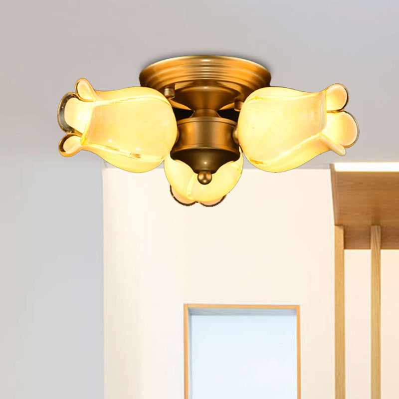 Metal Brass Ceiling Light Fixture Lily/Tulip 3 Heads Romantic Pastoral LED Semi Mount Lighting for Living Room Clearhalo 'Ceiling Lights' 'Close To Ceiling Lights' 'Close to ceiling' 'Semi-flushmount' Lighting' 401519
