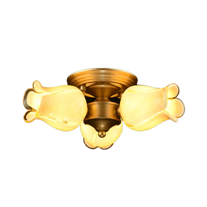 Metal Brass Ceiling Light Fixture Lily/Tulip 3 Heads Romantic Pastoral LED Semi Mount Lighting for Living Room Clearhalo 'Ceiling Lights' 'Close To Ceiling Lights' 'Close to ceiling' 'Semi-flushmount' Lighting' 401520