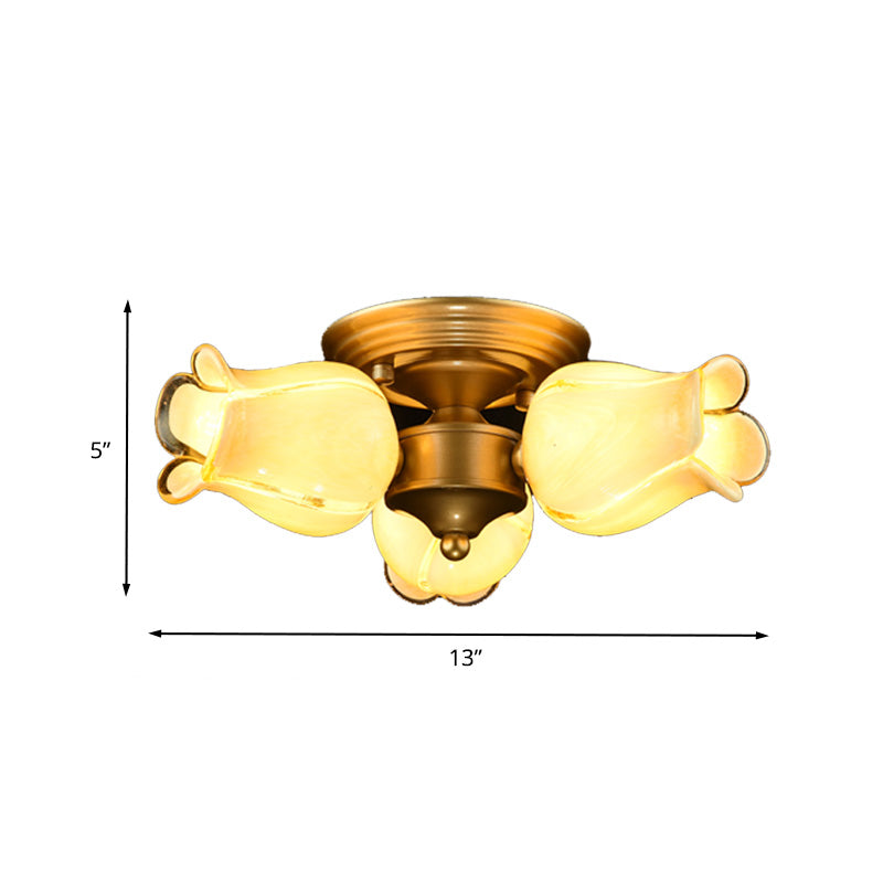 Metal Brass Ceiling Light Fixture Lily/Tulip 3 Heads Romantic Pastoral LED Semi Mount Lighting for Living Room Clearhalo 'Ceiling Lights' 'Close To Ceiling Lights' 'Close to ceiling' 'Semi-flushmount' Lighting' 401521