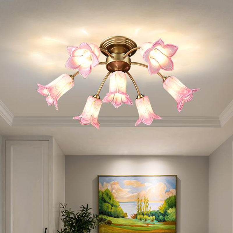 7 Bulbs Ceiling Light Countryside Lily/Tulip White/Yellow/Purple Glass Semi Flush Mount Lighting for Living Room Purple Clearhalo 'Ceiling Lights' 'Close To Ceiling Lights' 'Close to ceiling' 'Semi-flushmount' Lighting' 401522