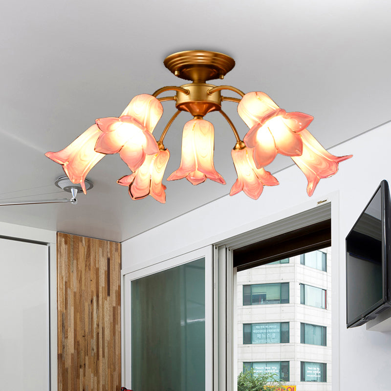 7 Bulbs Ceiling Light Countryside Lily/Tulip White/Yellow/Purple Glass Semi Flush Mount Lighting for Living Room Clearhalo 'Ceiling Lights' 'Close To Ceiling Lights' 'Close to ceiling' 'Semi-flushmount' Lighting' 401523