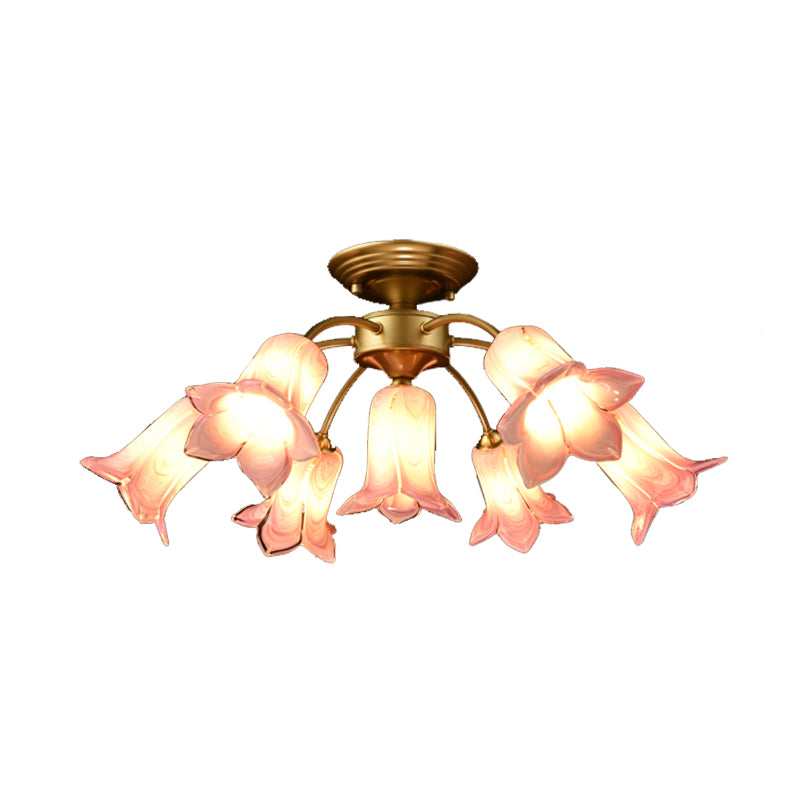 7 Bulbs Ceiling Light Countryside Lily/Tulip White/Yellow/Purple Glass Semi Flush Mount Lighting for Living Room Clearhalo 'Ceiling Lights' 'Close To Ceiling Lights' 'Close to ceiling' 'Semi-flushmount' Lighting' 401524