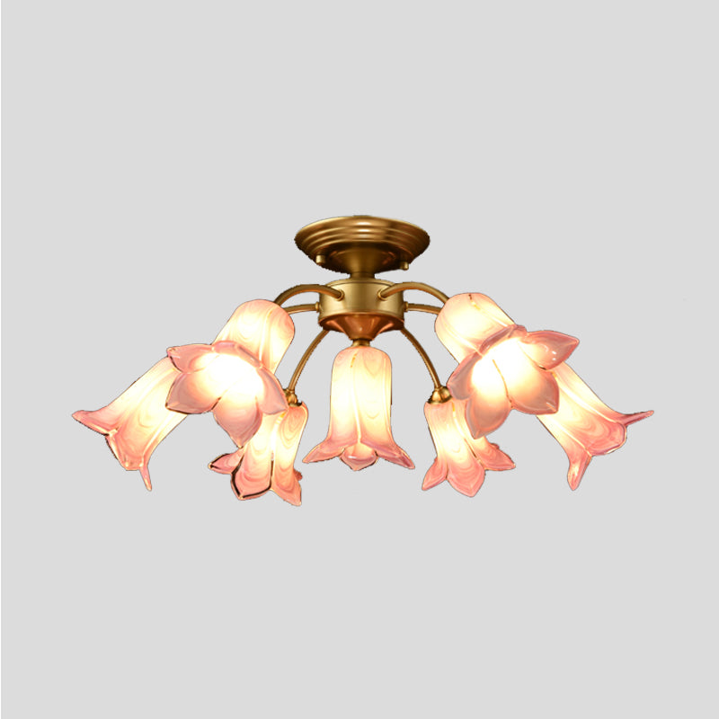 7 Bulbs Ceiling Light Countryside Lily/Tulip White/Yellow/Purple Glass Semi Flush Mount Lighting for Living Room Clearhalo 'Ceiling Lights' 'Close To Ceiling Lights' 'Close to ceiling' 'Semi-flushmount' Lighting' 401525