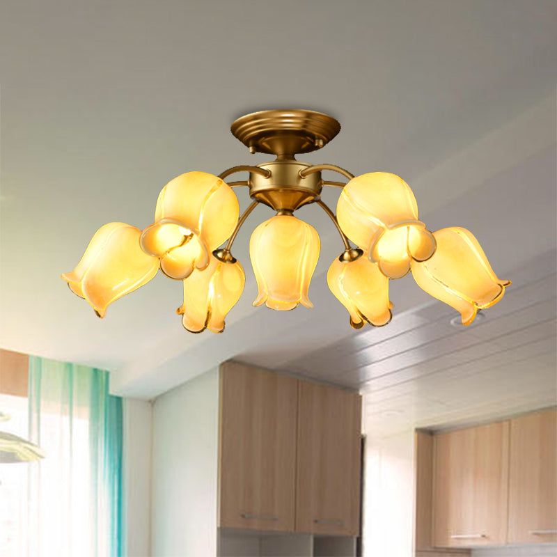 7 Bulbs Ceiling Light Countryside Lily/Tulip White/Yellow/Purple Glass Semi Flush Mount Lighting for Living Room Yellow Clearhalo 'Ceiling Lights' 'Close To Ceiling Lights' 'Close to ceiling' 'Semi-flushmount' Lighting' 401527