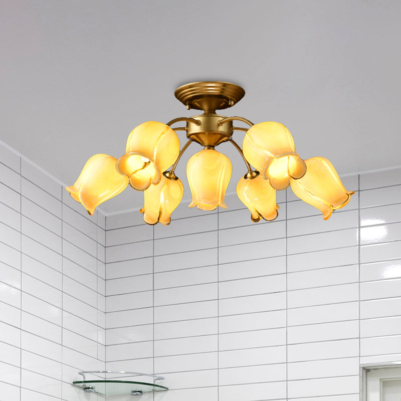 7 Bulbs Ceiling Light Countryside Lily/Tulip White/Yellow/Purple Glass Semi Flush Mount Lighting for Living Room Clearhalo 'Ceiling Lights' 'Close To Ceiling Lights' 'Close to ceiling' 'Semi-flushmount' Lighting' 401528