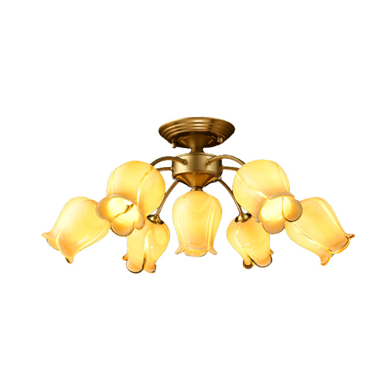 7 Bulbs Ceiling Light Countryside Lily/Tulip White/Yellow/Purple Glass Semi Flush Mount Lighting for Living Room Clearhalo 'Ceiling Lights' 'Close To Ceiling Lights' 'Close to ceiling' 'Semi-flushmount' Lighting' 401529