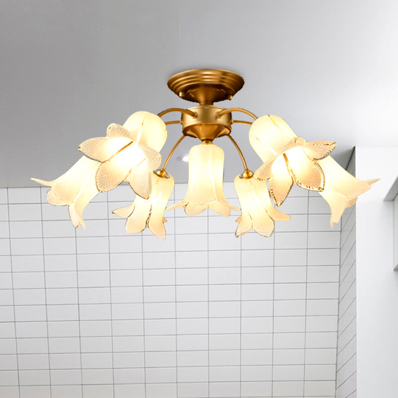 7 Bulbs Ceiling Light Countryside Lily/Tulip White/Yellow/Purple Glass Semi Flush Mount Lighting for Living Room White Clearhalo 'Ceiling Lights' 'Close To Ceiling Lights' 'Close to ceiling' 'Semi-flushmount' Lighting' 401530