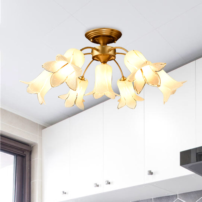 7 Bulbs Ceiling Light Countryside Lily/Tulip White/Yellow/Purple Glass Semi Flush Mount Lighting for Living Room Clearhalo 'Ceiling Lights' 'Close To Ceiling Lights' 'Close to ceiling' 'Semi-flushmount' Lighting' 401531