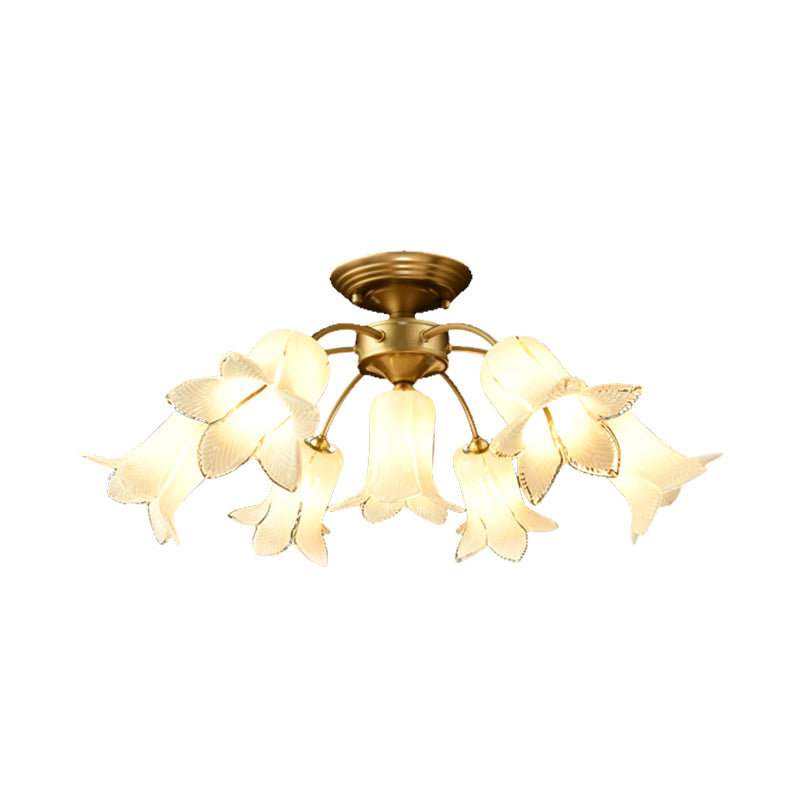 7 Bulbs Ceiling Light Countryside Lily/Tulip White/Yellow/Purple Glass Semi Flush Mount Lighting for Living Room Clearhalo 'Ceiling Lights' 'Close To Ceiling Lights' 'Close to ceiling' 'Semi-flushmount' Lighting' 401532